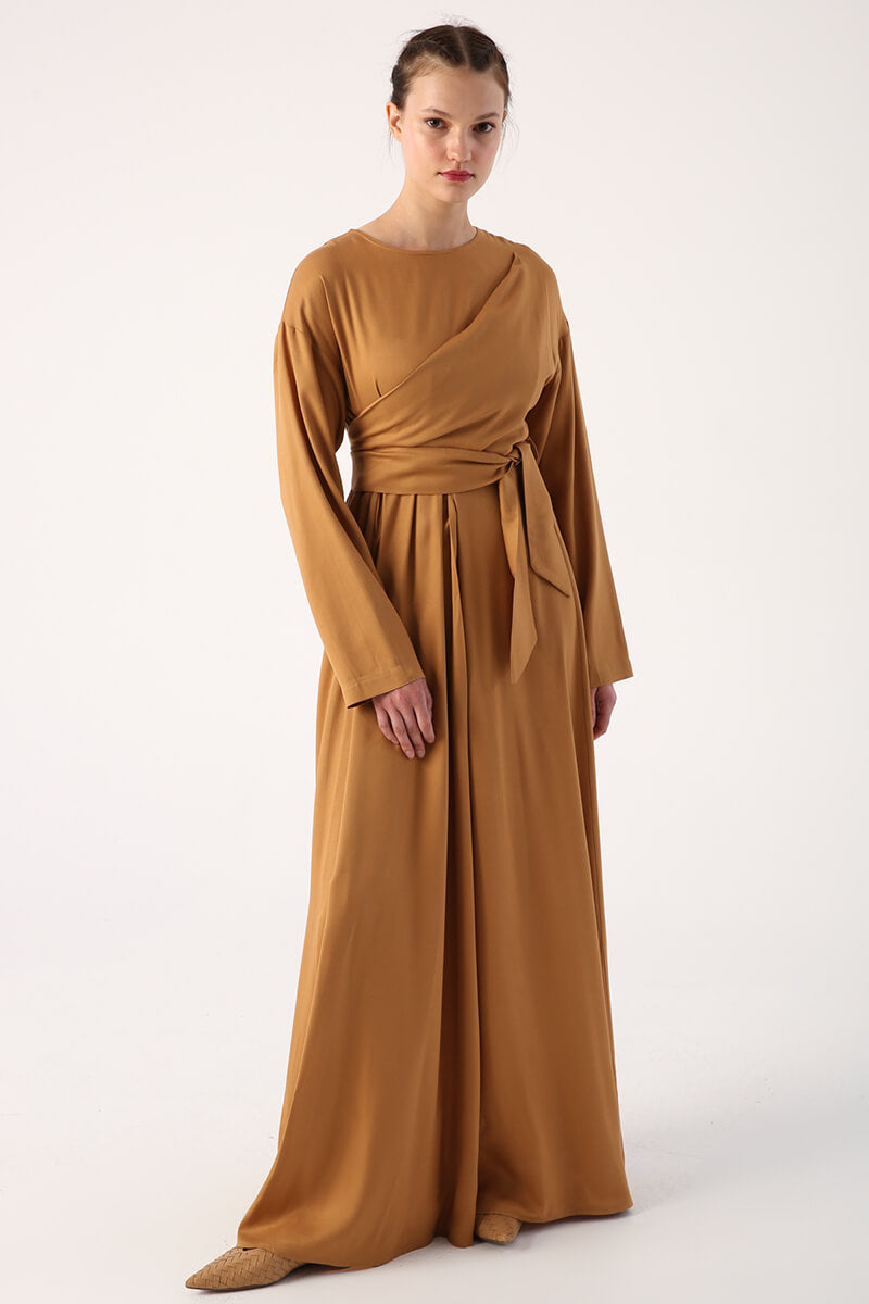 Robe Longue Taille Nouée Camel