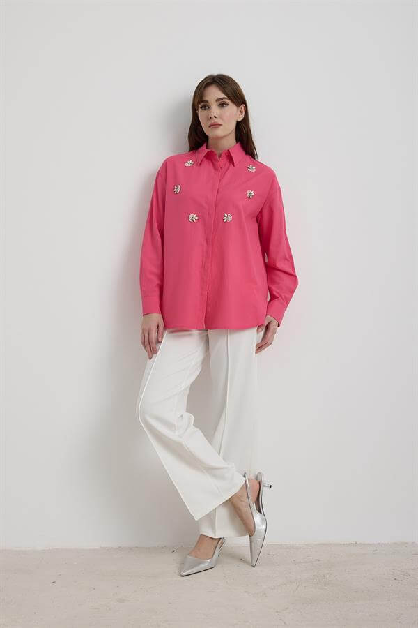 Chemise Femme En Popeline Fuchsia Avec Pierres Sur Le Devant