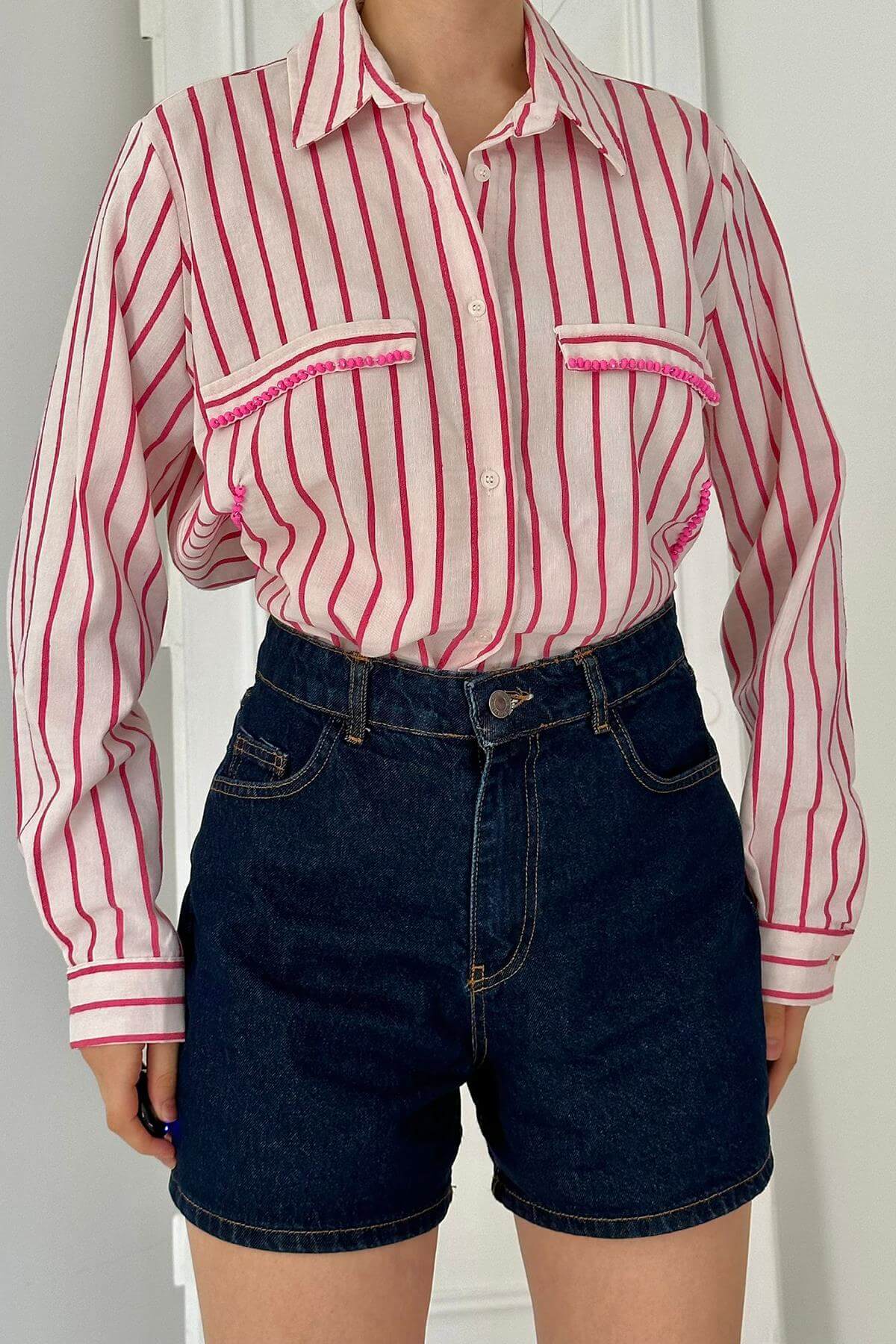 Chemise classique Perlée Pierre Rayée - Fuchsia