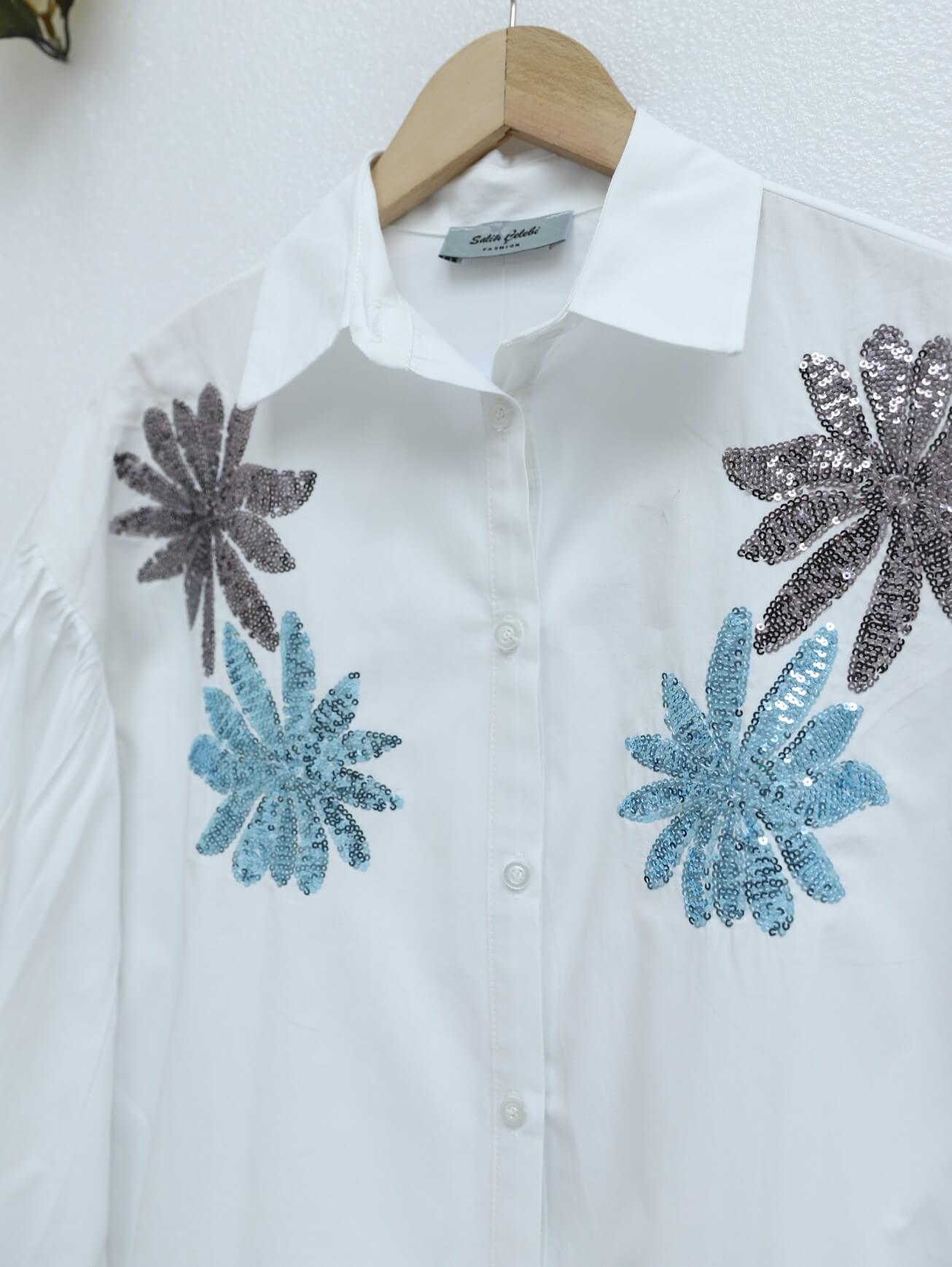 Chemise en popeline de coton brodée floral -Blanc