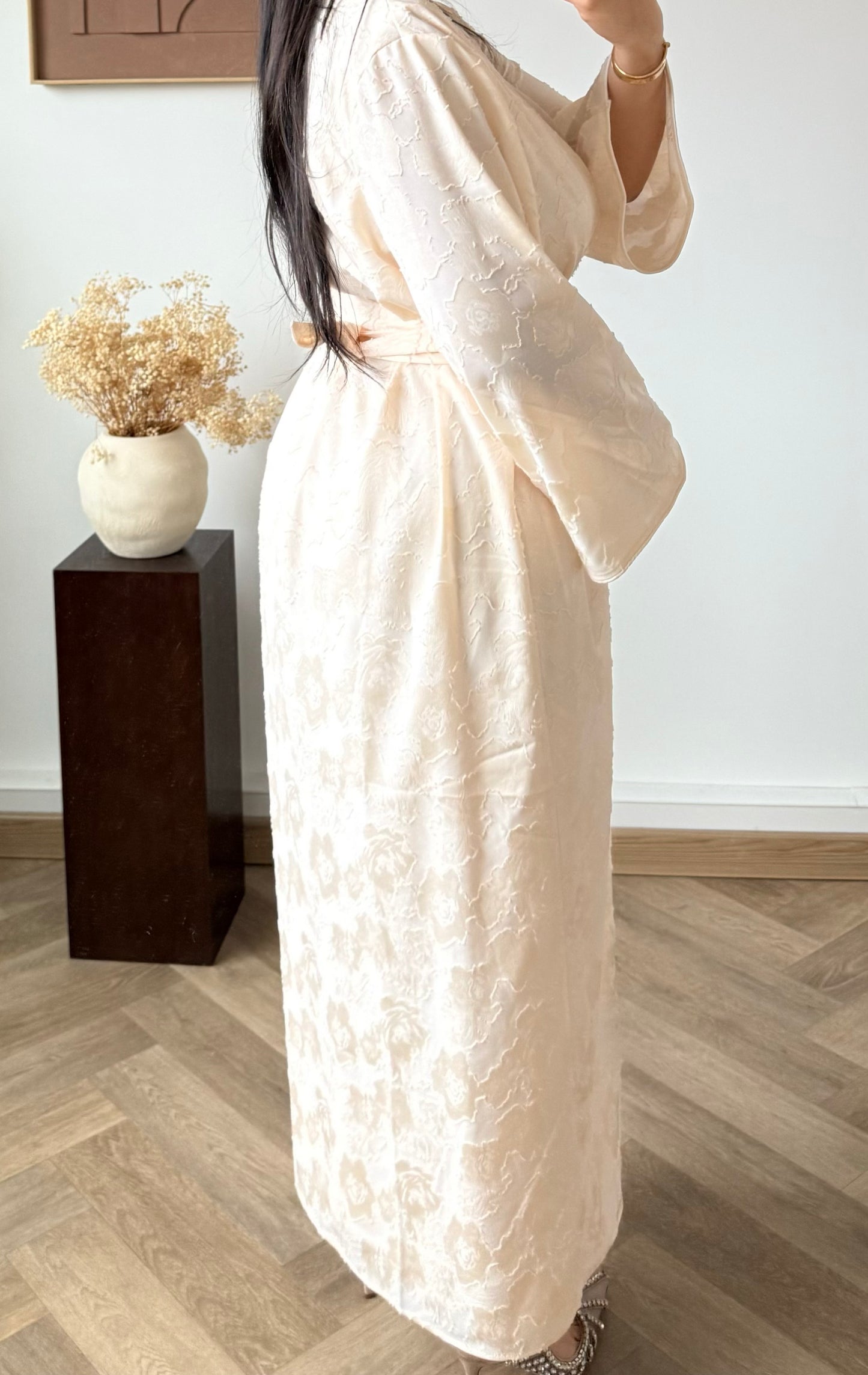 ENSEMBLE Robe et Kimono- Jacquard Floral Beige