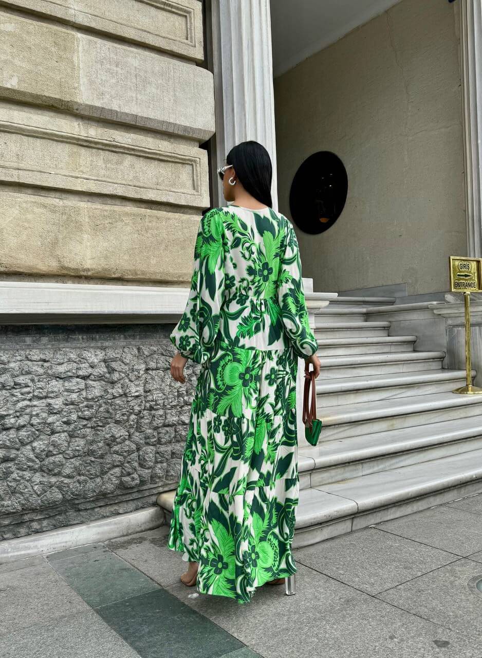 Robe longue pour femmes imprimée florale verte et beige