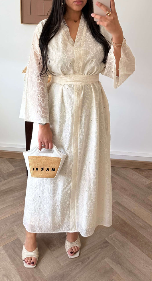 Robe Broderie avec la ceinture Beige