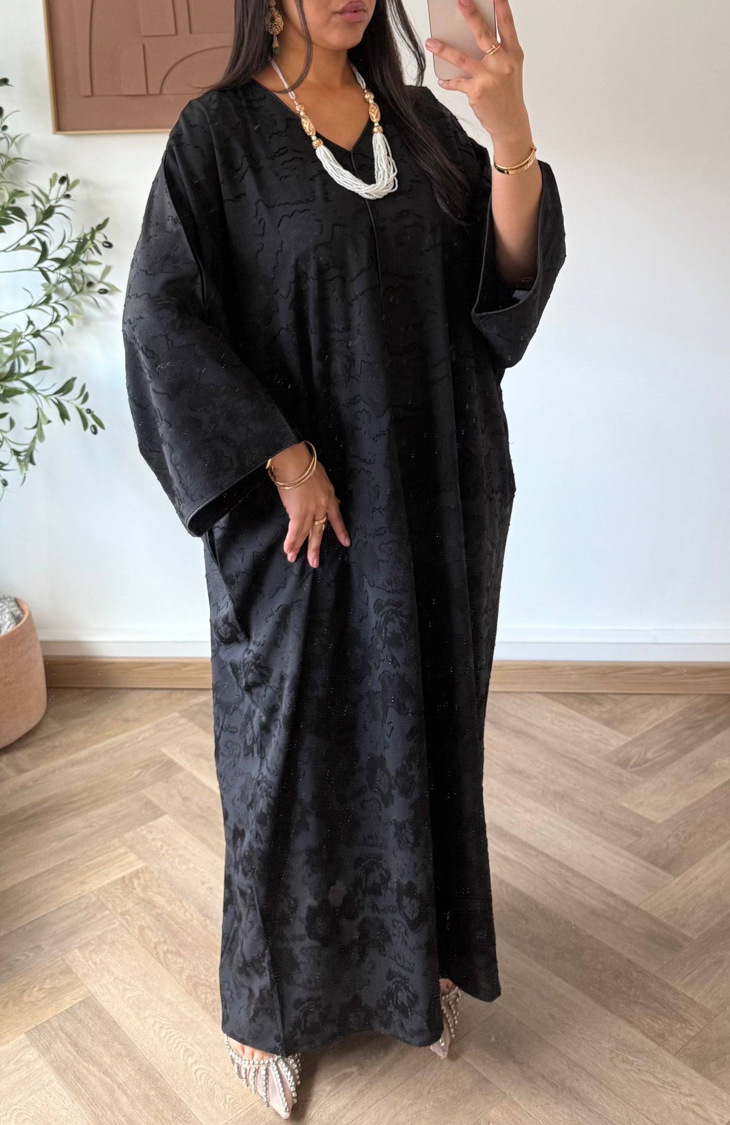 Robe large col V broderie nuageux Noir