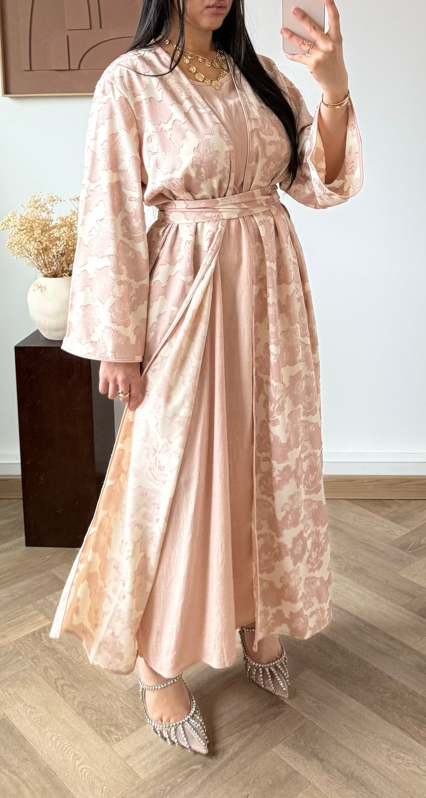 ENSEMBLE Robe et Kimono- Jacquard Floral Pink Rose