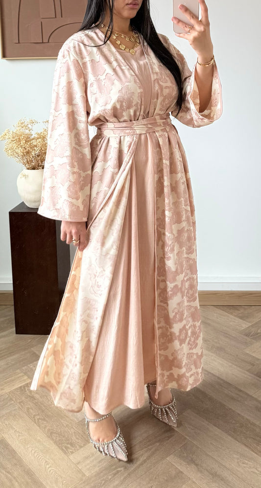 ENSEMBLE Robe et Kimono- Jacquard Floral Pink Rose