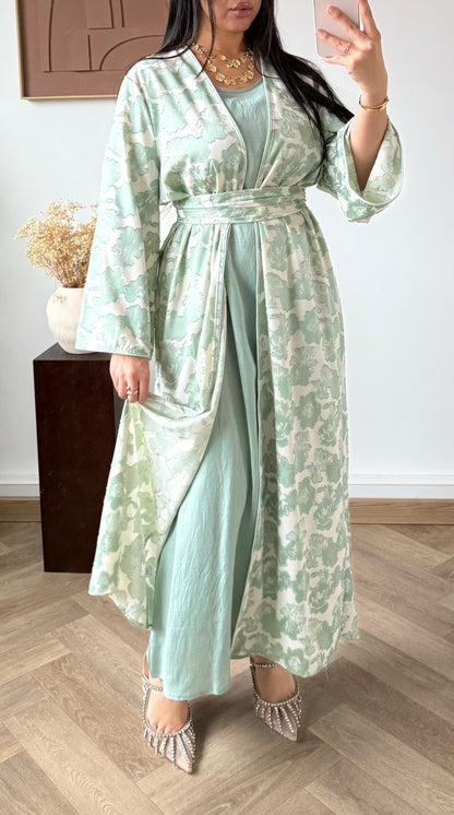 ENSEMBLE Robe et Kimono- Jacquard Floral Vert Claire