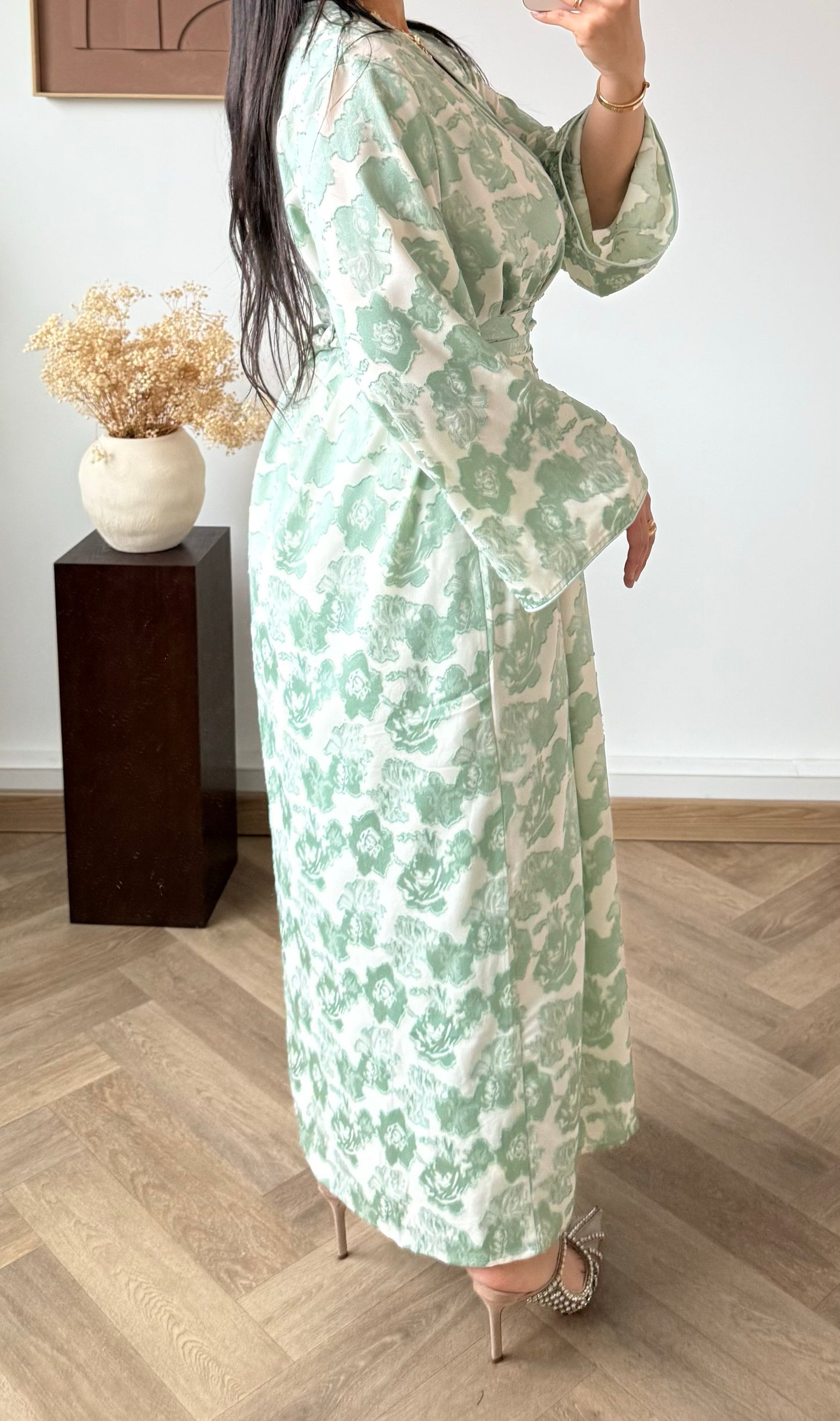ENSEMBLE Robe et Kimono- Jacquard Floral Vert Claire