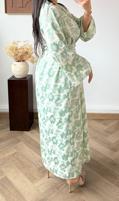 ENSEMBLE Robe et Kimono- Jacquard Floral Vert Claire