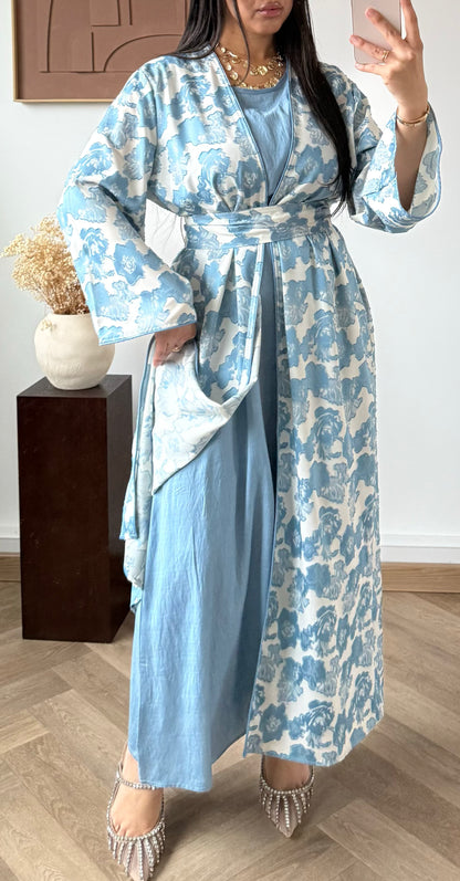 ENSEMBLE Robe et Kimono- Jacquard Floral Bleu Claire