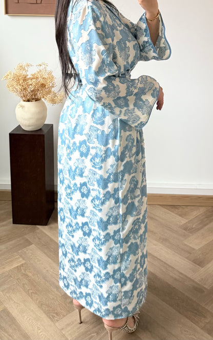ENSEMBLE Robe et Kimono- Jacquard Floral Bleu Claire