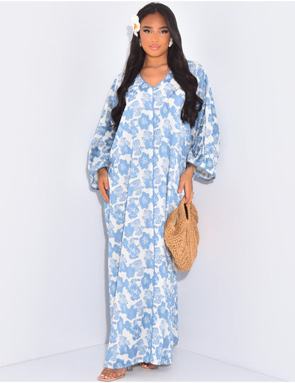 Robe large col V broderie nuageux Bleu