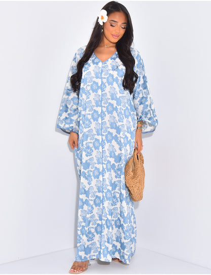 Robe large col V broderie nuageux Bleu