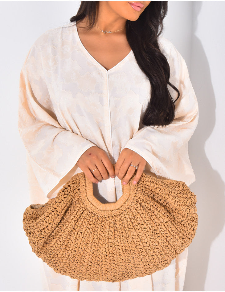 Robe large col V broderie nuageux Beige