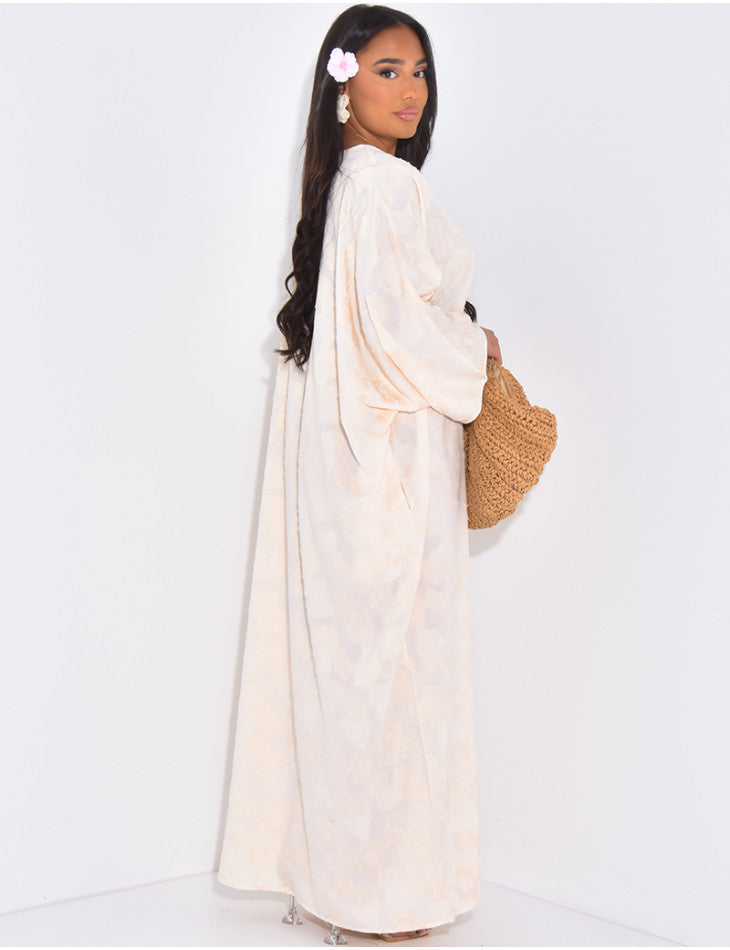 Robe large col V broderie nuageux Beige