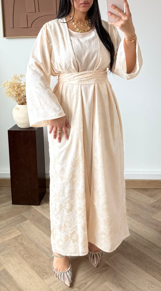ENSEMBLE Robe et Kimono- Jacquard Floral Beige