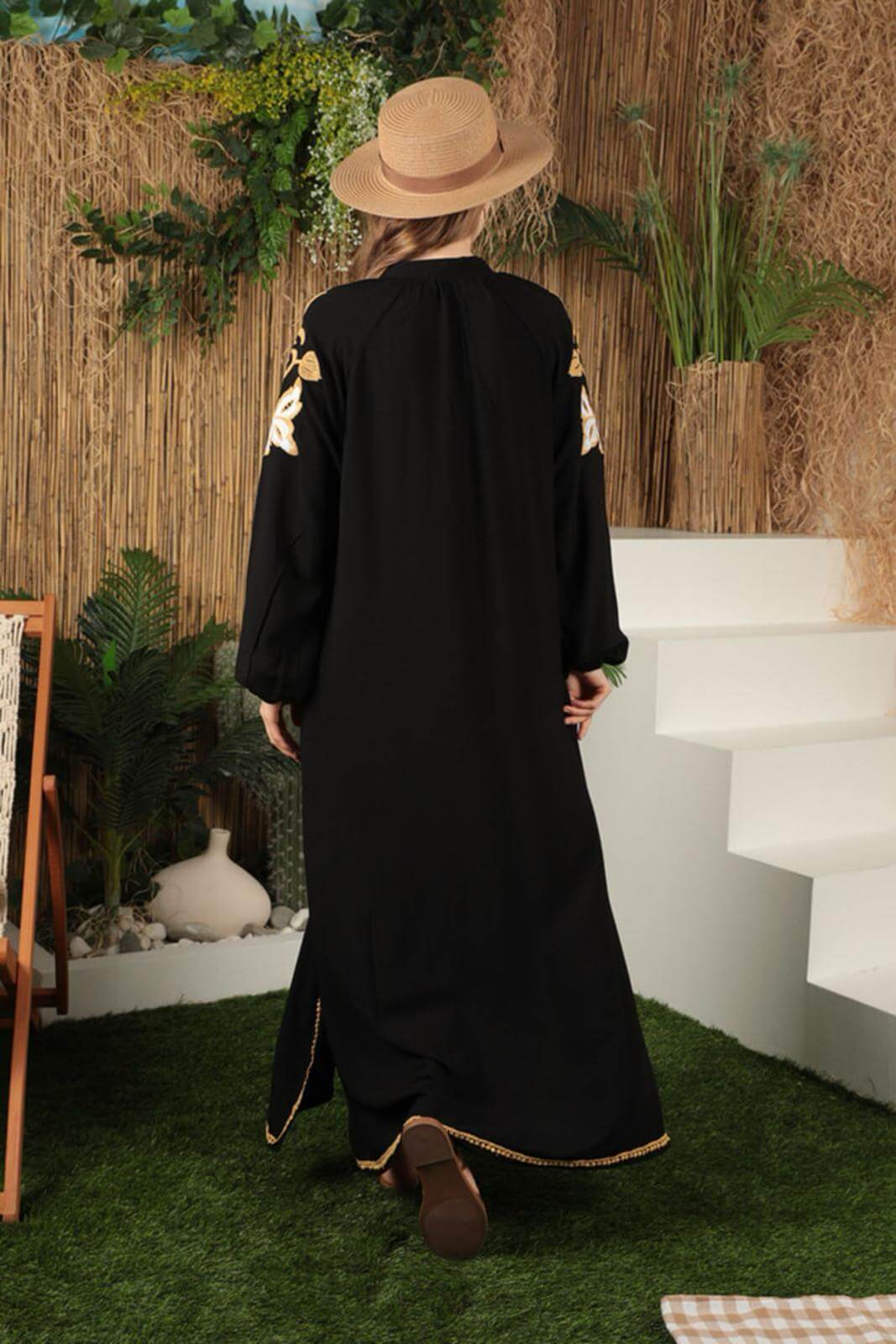 Robe En Viscose Pour Femmes, Grand Motif Brodé, Noir
