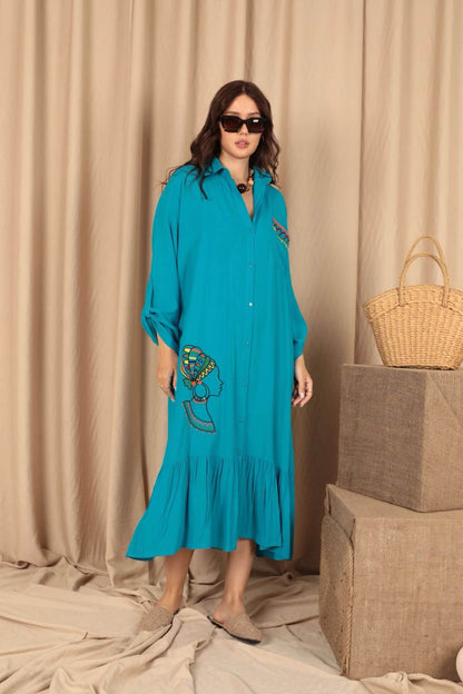 Robe Brodée Pour Femmes, Turquoise