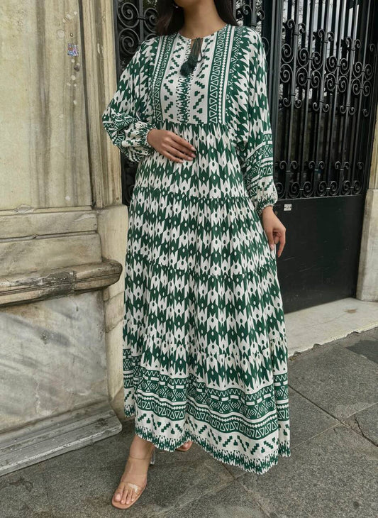 Robe Modeste Imprimée géométrique Vert et Blanc pour Femmes