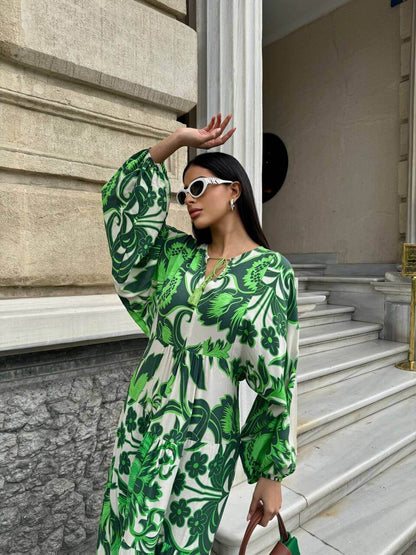 Robe longue pour femmes imprimée florale verte et beige