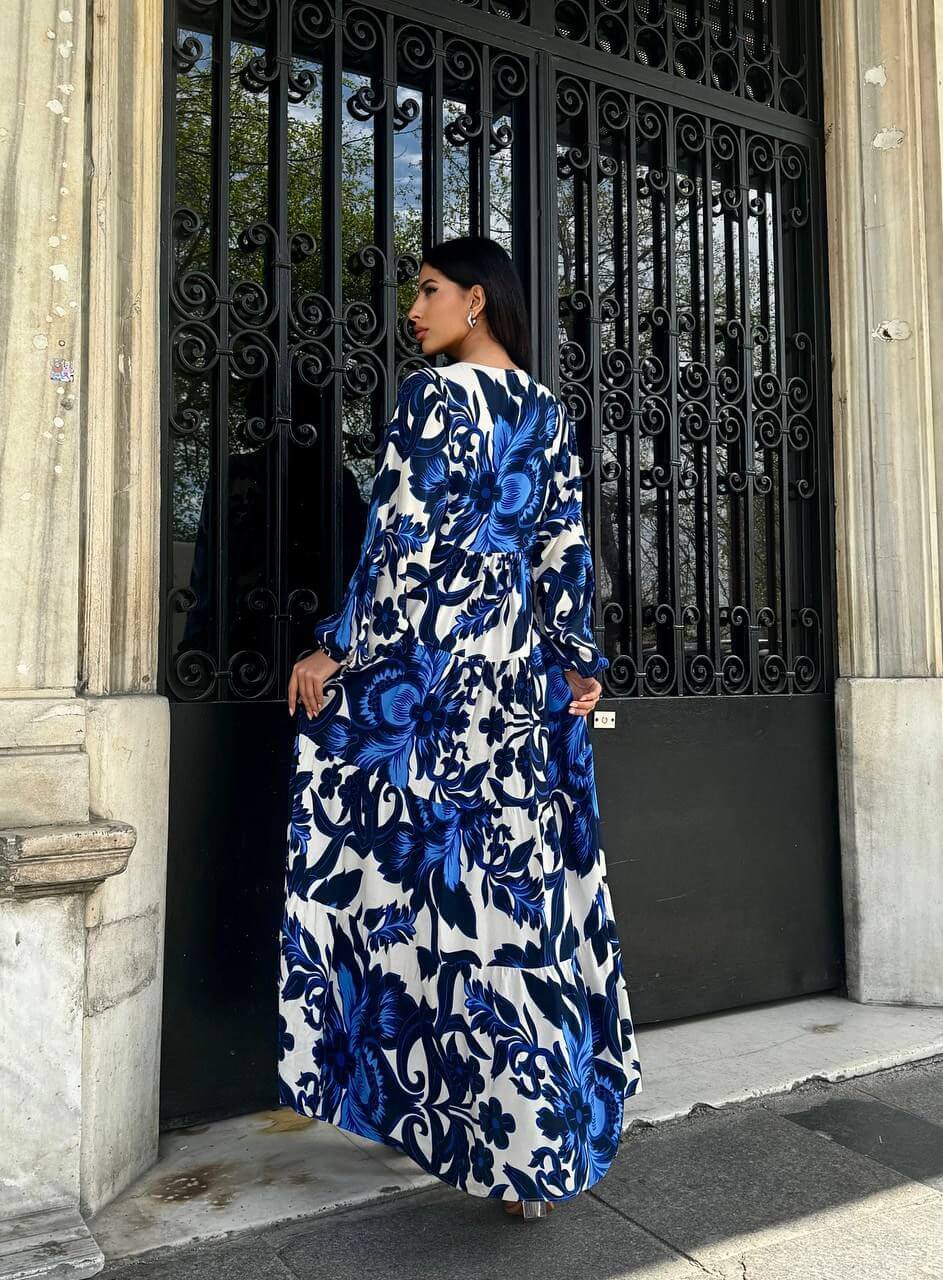 Robe longue pour femmes imprimée florale Bleu et beige