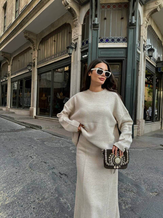 Ensemble pull et jupe midi en maille côtelée pour femmes - Beige