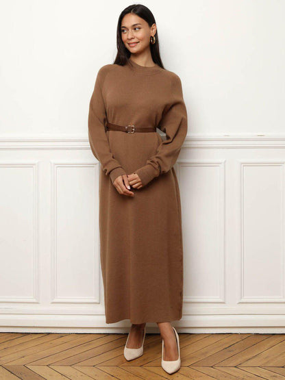 Robe pull longue et ample en maille - Camel