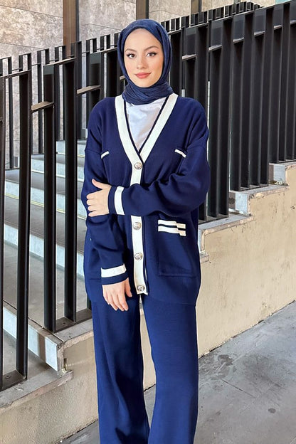 Ensemble Oversize : Cardigan à Boutons et Pantalon Bleu marine Fluide pour Femmes (Tailles S à L)