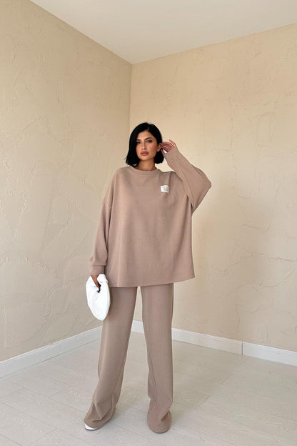 Ensemble Pull et Pantalon en Velours Côtelé Beige Taupe- Confort et Élégance pour Femmes